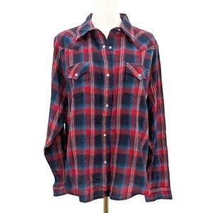Wrangler‎ Pearl Snap Flannel Shirt Cotton XXL Plaid Western Cabin Americana